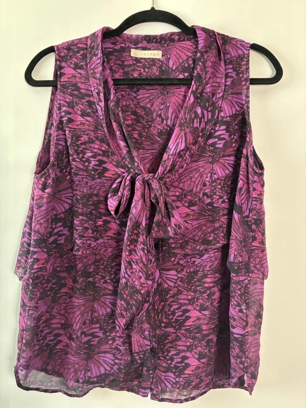 hinge Silk Purple & Black Tie-Neck Button Down Sleeveless Layered Top